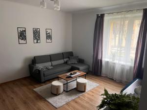 een woonkamer met een bank en een tafel bij Apartament Paprotka in Skarżysko-Kamienna