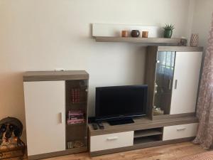 - un centre de divertissement avec une télévision et un miroir dans l'établissement Apartmán neďaleko centra mesta, à Michalovce