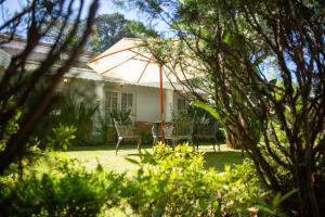 una casa con sombrilla y sillas en el patio en Marlihill Bungalow - a CGH Earth SAHA Experience, en Ooty