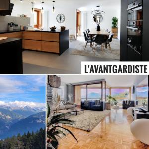 a kitchen and a living room with a view of mountains at L'AvantGardiste, Spacious 6 bedroom panoramic view in Crans-Montana