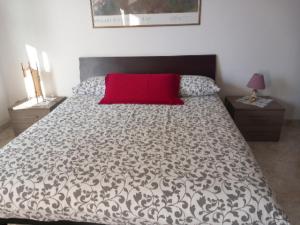 a bedroom with a large bed with a red pillow at la casa di sotto in Alpignano