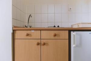 een keuken met een aanrecht en een witte koelkast bij Szegedi Partfürdő Kemping és Apartman in Szeged