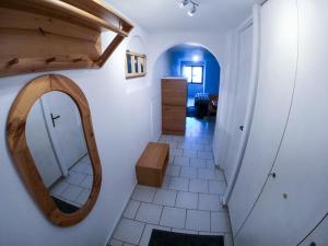 baño con espejo en la pared en Private apartment with parking spot in the center, en Flims