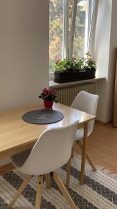 a dining room table with two white chairs and two windows at JUGENDSTIL VILLA LEOBEN GÖSS - nahe SPIELBERG FORMEL 1 in Leoben