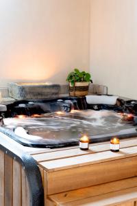 a hot tub with a plant in the middle of a room at Suite & SPA à La Ferme 1802 in Sainghin-en-Mélantois