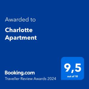 Certifikát, hodnocení, plakát nebo jiný dokument vystavený v ubytování Charlotte Apartment