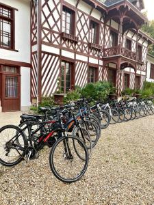 eine Reihe von Fahrrädern, die vor einem Gebäude geparkt sind in der Unterkunft Château De La Bûcherie in Saint-Cyr-en-Arthies