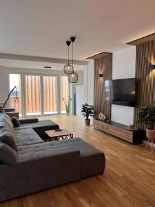 een woonkamer met een bank en een televisie bij KeyHosting Apartment Zentral Parkplatz in Aschaffenburg