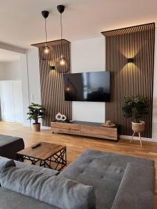 een woonkamer met een bank en een flatscreen-tv bij KeyHosting Apartment Zentral Parkplatz in Aschaffenburg