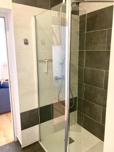 a shower with a glass door in a bathroom at Beau T3 lumineux : La Couronne in Rochefort