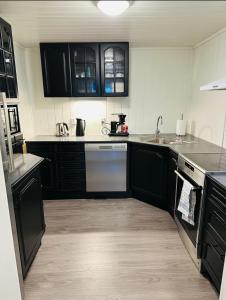 a kitchen with black cabinets and a sink at Aurora dream in Skjervøy