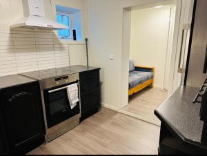 a kitchen with a stove and a couch in a room at Aurora dream in Skjervøy