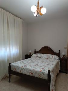 um quarto com uma cama e um lustre em PENSIÓN* AS VIÑAS em Puebla del Brollón