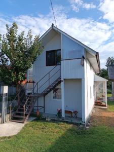 een groot wit huis met een trap aan de zijkant bij Casa de vacanta Balan in Prundul Bîrgăului