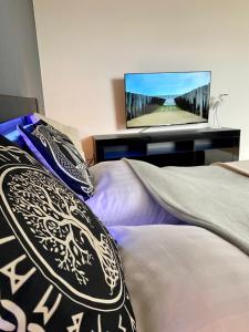 TV at/o entertainment center sa City Ferienwohnung SKYLINE - mit großem Balkon & XXL- Sofa für bis zu 4 Personen