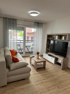 a living room with a couch and a flat screen tv at Apartment Athens in Sombor