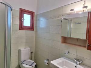 een badkamer met een toilet, een wastafel en een spiegel bij Melissa Chora in Koufonisia