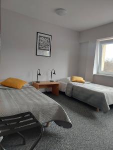 - une chambre avec 2 lits, une table et une fenêtre dans l'établissement Hostel Relaks, à Olsztyn