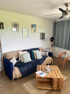 - un salon avec un canapé bleu et une table dans l'établissement Appartement port dienville, à Dienville