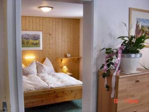 een slaapkamer met een bed en een potplant bij Villa Sorgenfrei in Gaschurn