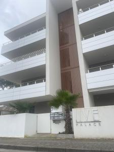 um edifício com palmeiras em frente em Attico Sole em Lido di Jesolo