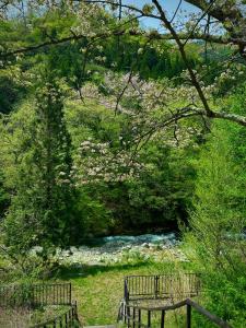 dos bancos sentados en la hierba cerca de un río en Mominoki Lodgeモミの木ロッジ, en Minakami