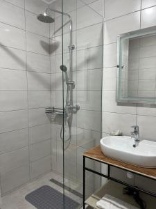 bagno con doccia e lavandino di Mayster Home a Černivci