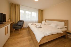 a bedroom with a bed and a chair and a television at Apartmán nad Ottovkou in Luhačovice