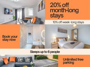 uma colagem de fotografias de um quarto de hotel em Reading 2-Bed Apartment & Parking em Reading