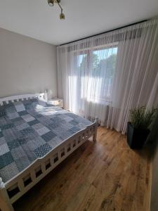 1 dormitorio con cama y ventana grande en Apartment Kurši, en Kolka