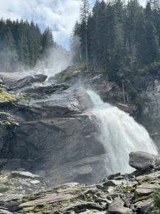 une cascade arborée sur le côté d'une montagne dans l'établissement Apartment Waldherz, à Wald im Pinzgau