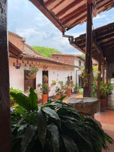 une cour d'une maison avec des plantes en pot dans l'établissement Hotel Casa Posada Don Chepe, à San Gil