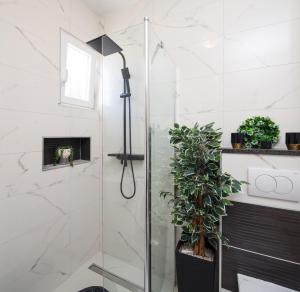 a shower with a glass door next to a plant at Urban Edge - Beach Apartments in Omiš