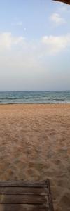 un banc sur la plage avec l'océan en arrière-plan dans l'établissement Les Sons du Jardin Monastir, à Monastir