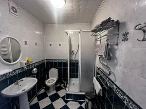 een badkamer met een wastafel, een toilet en een douche bij Saules rati in Daugavpils