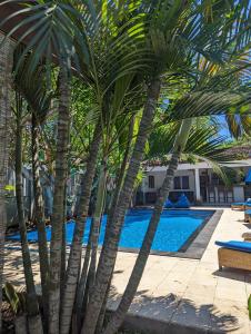 un gruppo di palme di fronte a una piscina di Indigo Bungalows a Gili Trawangan