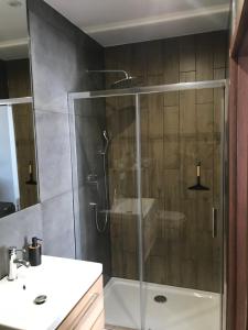 a bathroom with a shower with a glass door at Domek szeregowy nr 2 in Tylmanowa