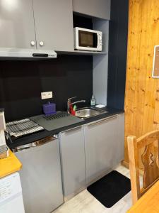 a small kitchen with a sink and a microwave at Apparemment cosy style savoyard in Bourg-Saint-Maurice