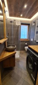 a bathroom with a sink and a washing machine at Appartamenti Home Service in Arabba