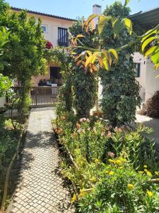 a garden with a walkway with flowers and plants at Casa Alegria - Apartment Vista da Serra in Tomar