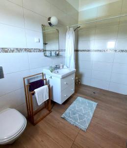 a bathroom with a white sink and a toilet at Casa Alegria - Apartment Vista da Serra in Tomar