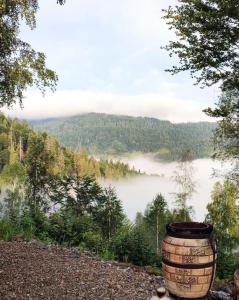 un barril sentado al lado de una colina con vistas a un lago en Obriyslavsko, en Slavske