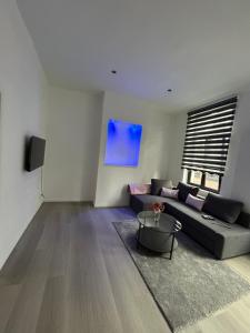 uma sala de estar com um sofá e uma televisão em Appartement de Luxe en Plein Centre de la Ville! em Liège