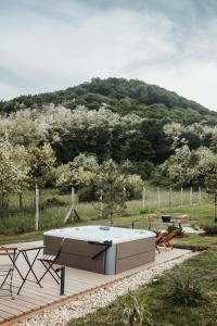 uma piscina num deque de madeira com uma montanha ao fundo em Békés Bucka Mátra em Parád