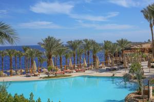 basen z krzesłami, palmami i oceanem w obiekcie The Grand Hotel Sharm El Sheikh w Szarm el-Szejk