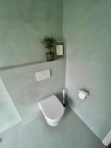 La salle de bains est pourvue de toilettes et d'une plante sur le mur. dans l'établissement Ferienwohnung an der Nordsee, à Emden