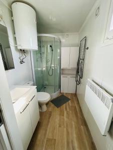 uma casa de banho com um WC e uma cabina de duche em vidro. em Kite House Chałupy em Władysławowo