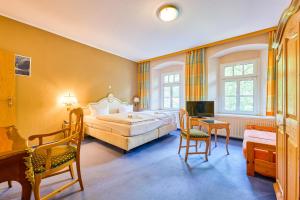 Schlafzimmer mit einem Bett, einem Schreibtisch und Stühlen in der Unterkunft Hotel Bodeblick in Thale