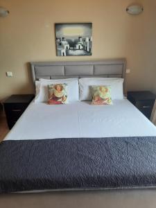 uma cama com duas almofadas num quarto em Avanda hotel em Dhërmi