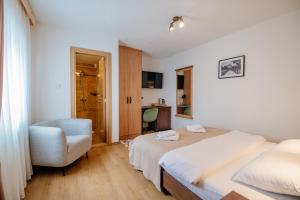 una habitación de hotel con 2 camas y una silla en Hotel Zlatni bor, en Žabljak